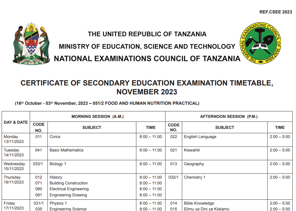 Form Four National Examination Timetable